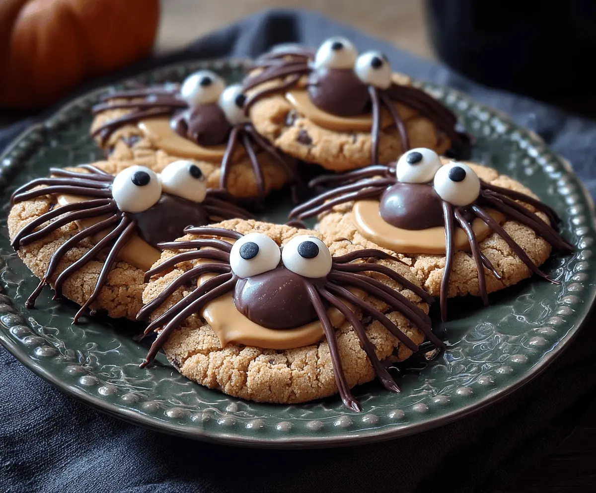 Delicious homemade Peanut Butter Spider Cookies topped with candy eyes and chocolate legs for a spooky Halloween treat