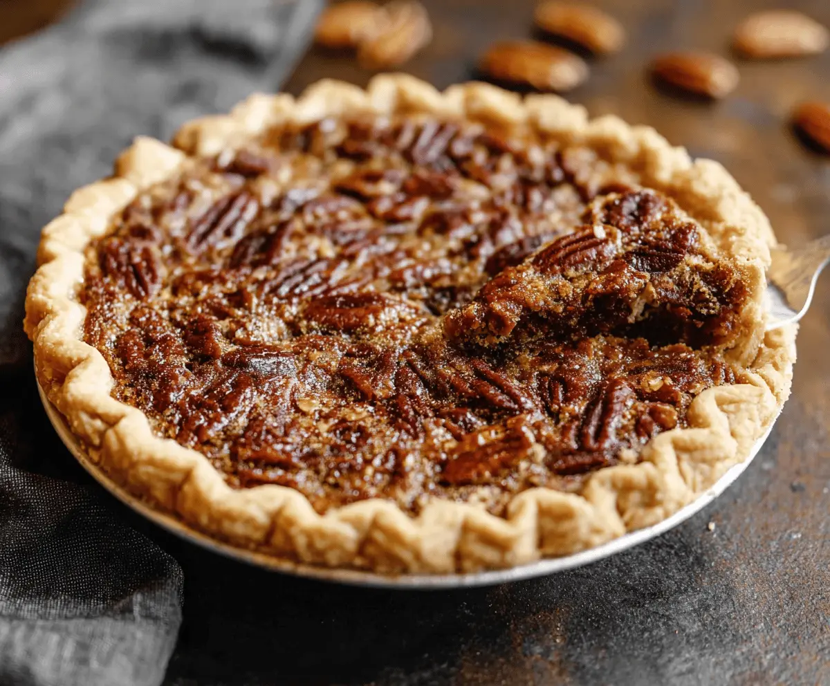 Delicious homemade pecan pie with golden crust and caramelized pecans, perfect for dessert or special occasions