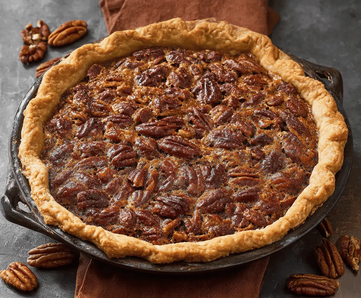 Delicious homemade pecan pie with a golden crust and glazed pecan topping, perfect for dessert or holidays