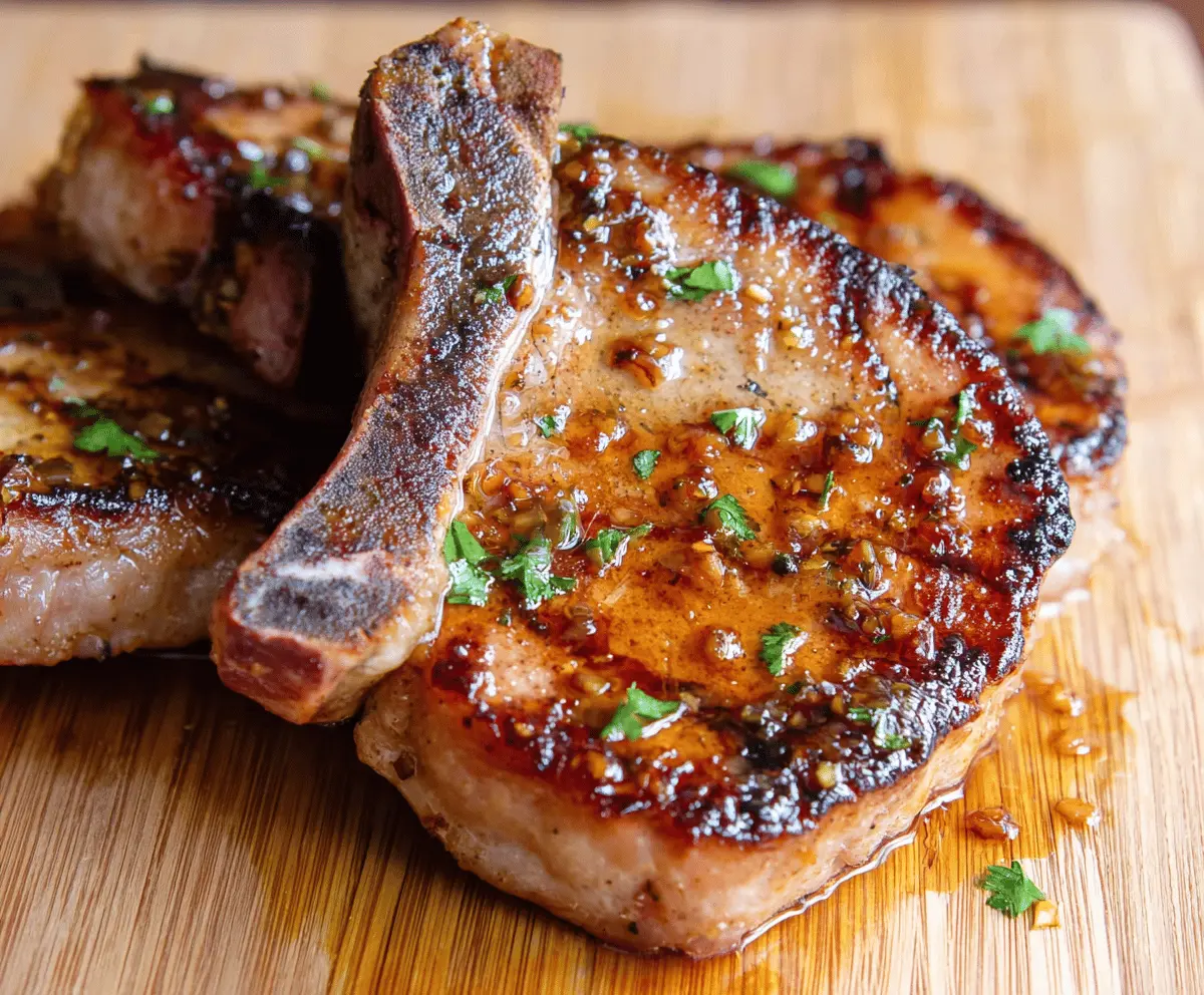 Juicy pork chop marinated in flavorful herbs and spices ready for grilling.
