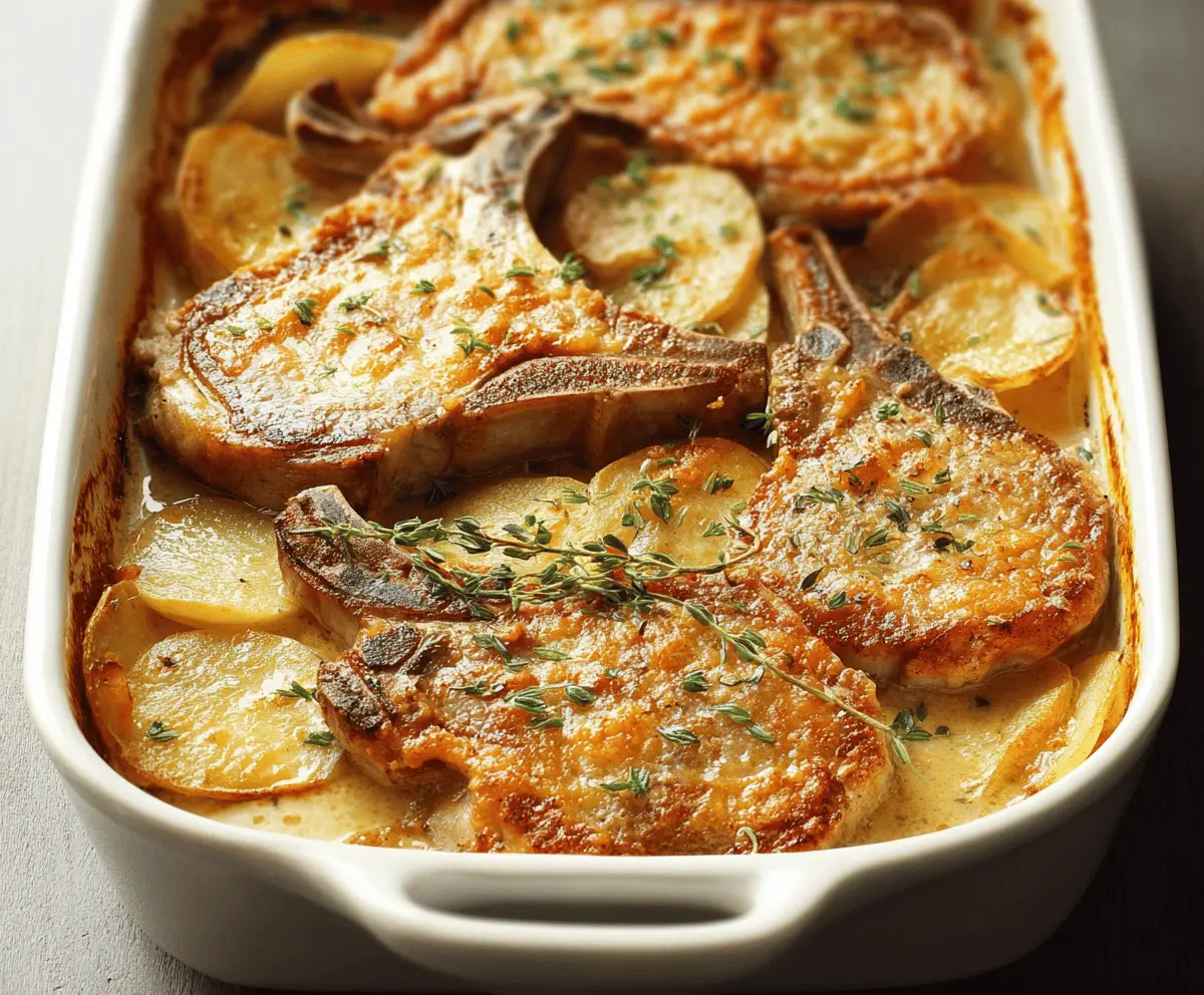 Delicious pork chops served with creamy scalloped potatoes casserole on a plate