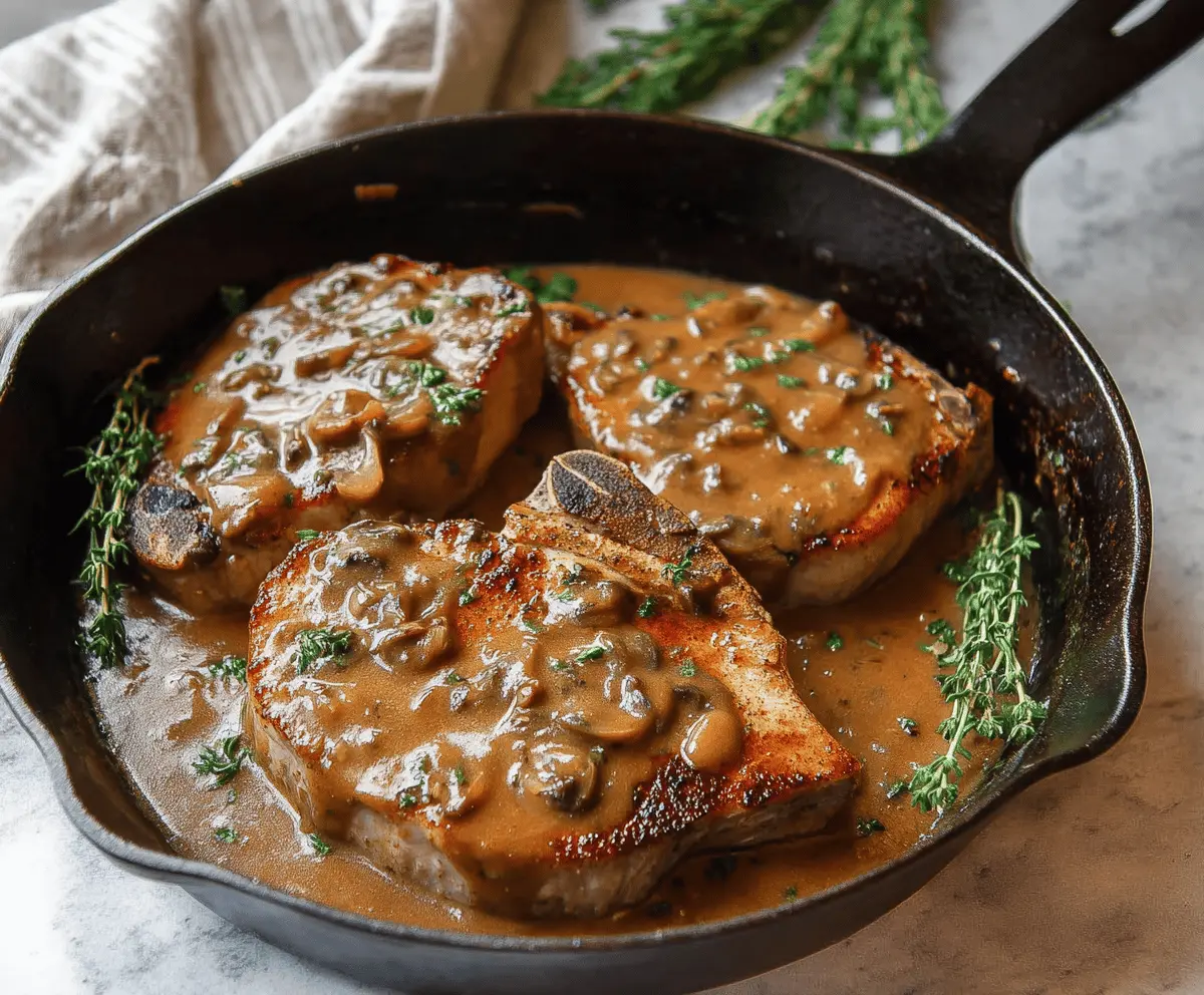 Juicy pork chops topped with rich pan gravy served on a plate, perfect for a hearty dinner.