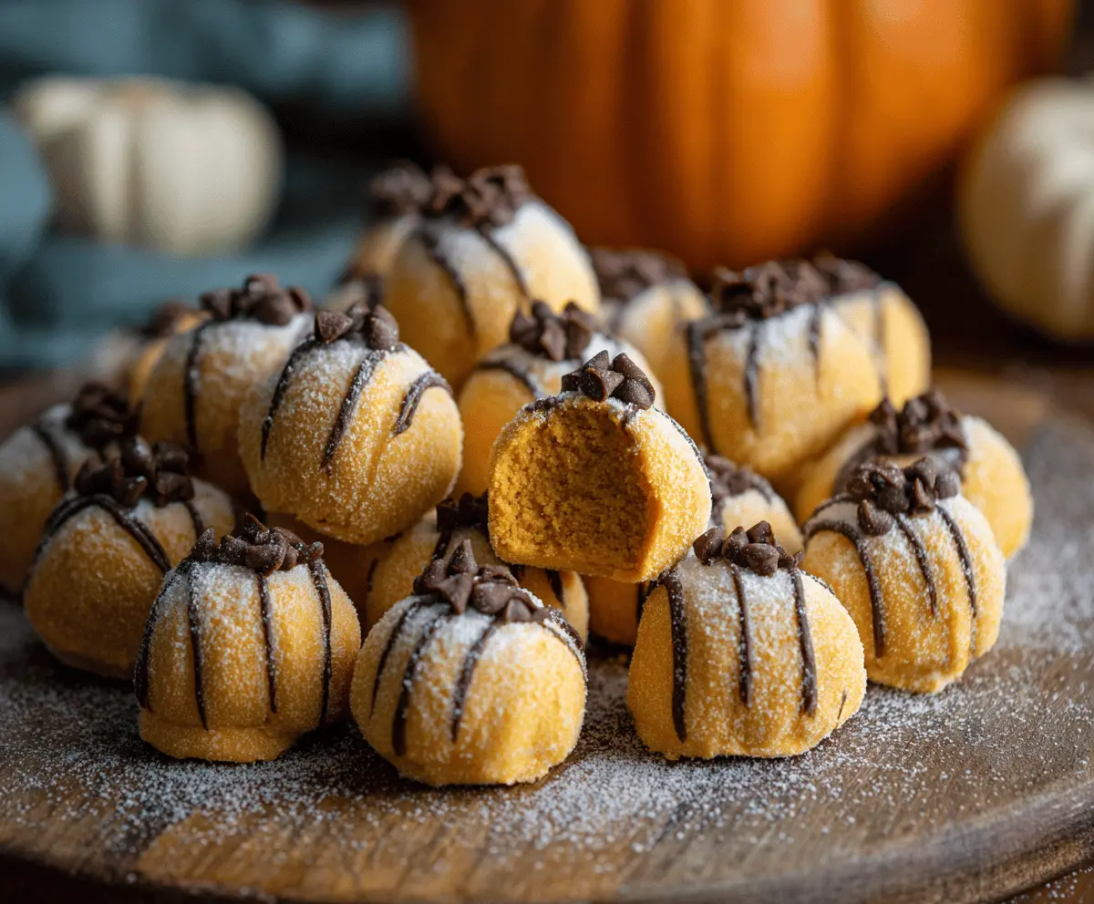 Creamy pumpkin cheesecake truffles with a smooth orange coating, perfect for fall desserts and holiday treats.