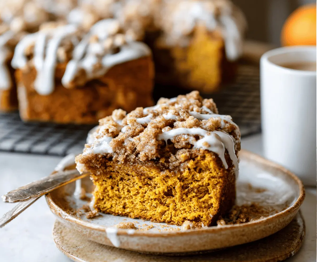Delicious homemade pumpkin coffee cake topped with cinnamon streusel and fresh pecans, perfect for fall breakfast or brunch