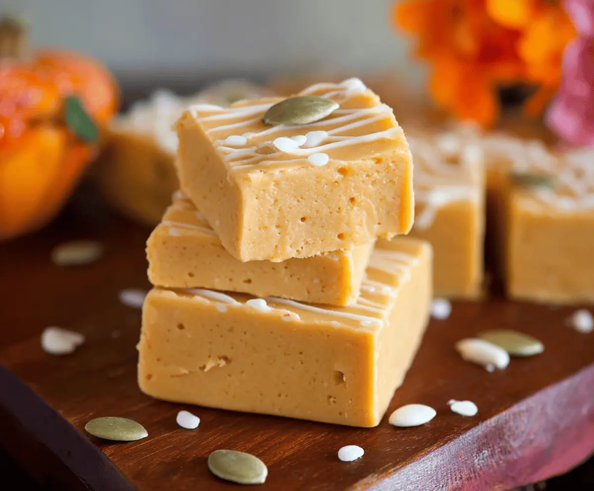 Creamy homemade pumpkin fudge topped with chopped pecans, perfect for fall desserts and holiday treats.