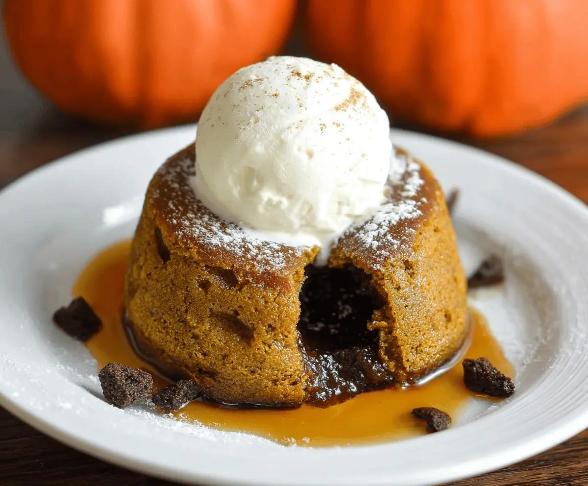 Delicious pumpkin lava cake with melted chocolate center topped with whipped cream and caramel drizzle, perfect for fall desserts.