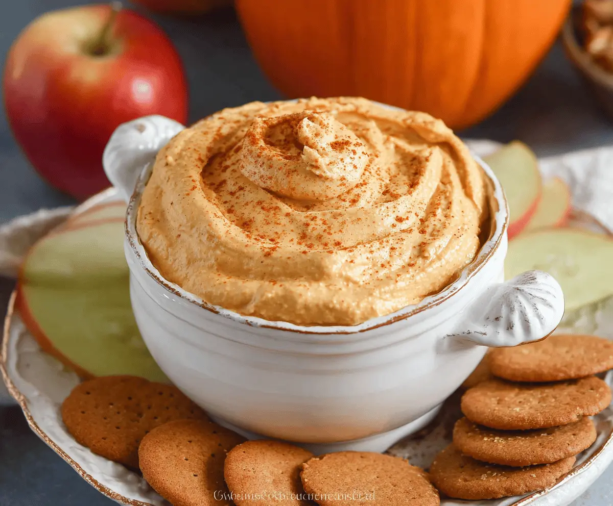 Creamy pumpkin mousse dip garnished with whipped cream and cinnamon in a white bowl, perfect for fall-themed desserts
