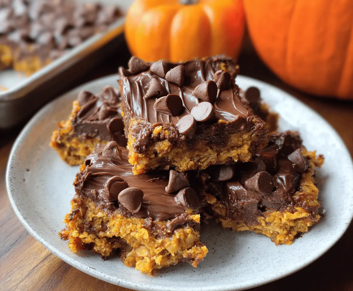 Delicious homemade pumpkin peanut butter bars topped with chocolate drizzle and crushed nuts, perfect for fall desserts.