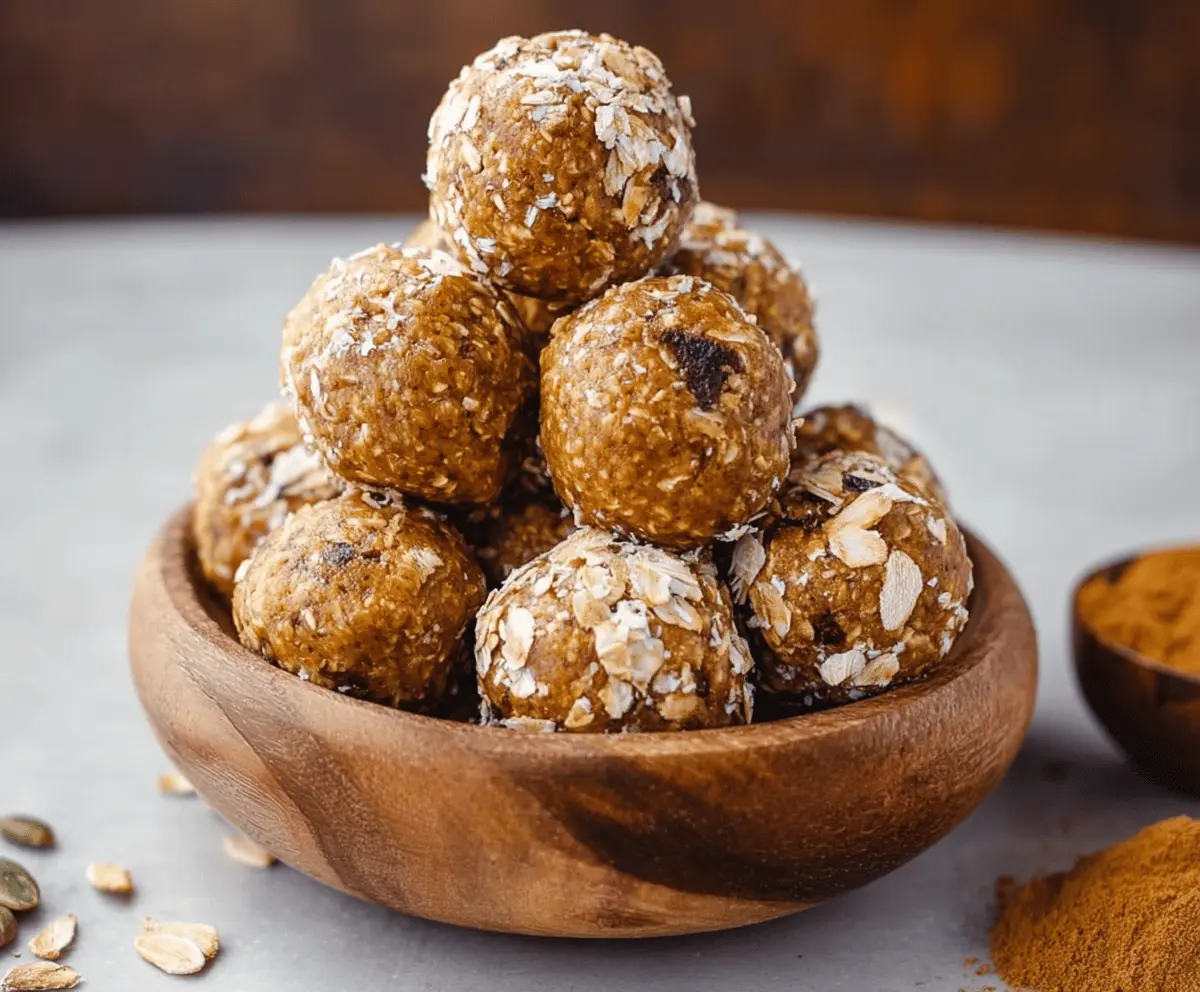 Delicious Pumpkin Pie Protein Balls on a white plate, showcasing a healthy and festive snack made with pumpkin, oats, and protein powder.