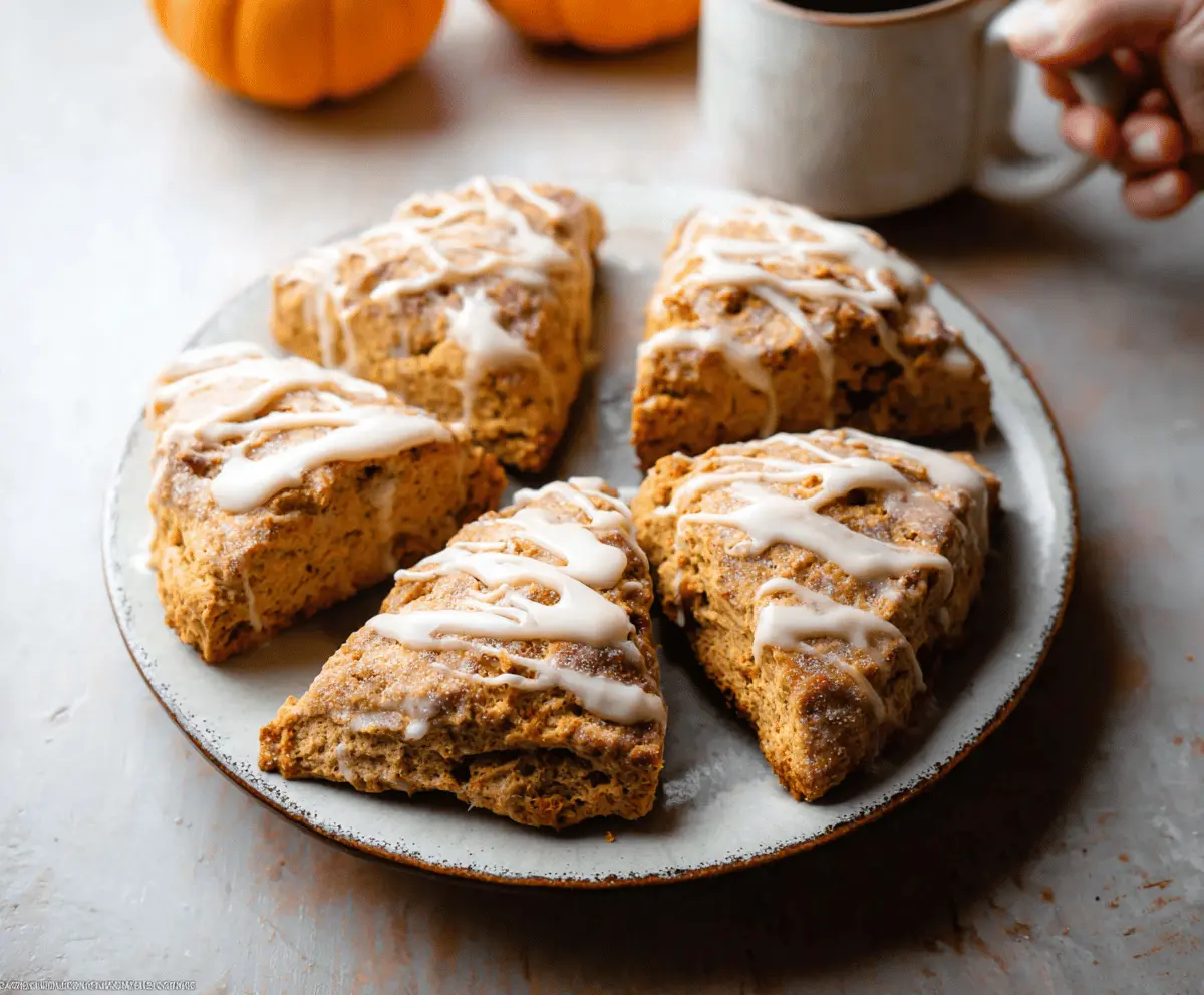 Delicious homemade pumpkin scones topped with glaze, perfect for fall breakfast or tea time.