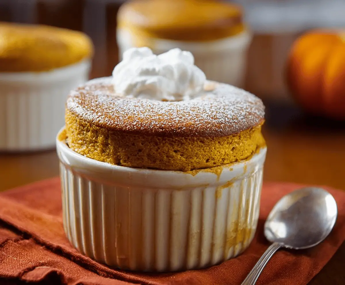 Delicious fluffy pumpkin soufflé topped with powdered sugar, served in a white ramekin on a rustic wooden table, perfect for fall desserts