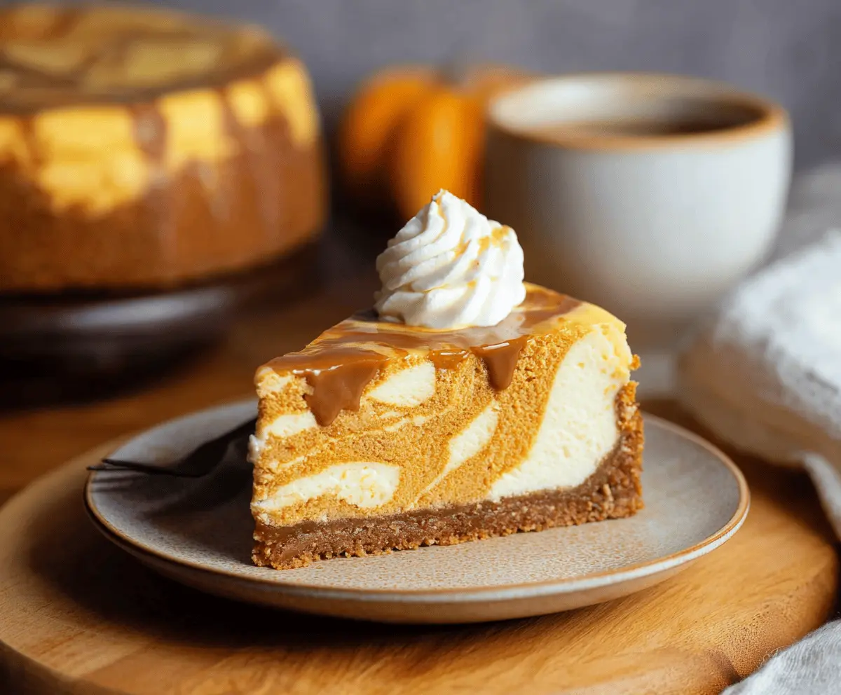 Creamy pumpkin swirl cheesecake topped with whipped cream and a cinnamon garnish, perfect for fall desserts.