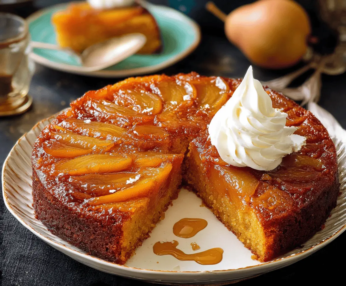 Delicious Pumpkin Upside Down Cake topped with caramelized pumpkin slices and whipped cream, perfect for fall desserts
