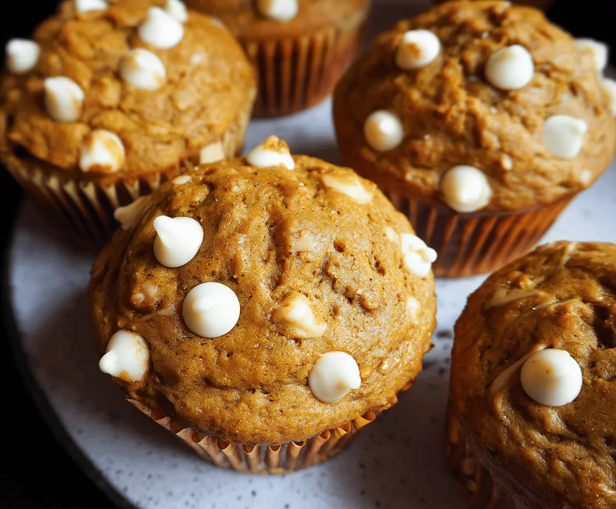 Freshly baked pumpkin white chocolate chip muffins in a baking tin, showcasing golden-brown tops and gooey white chocolate chips, perfect for fall mornings