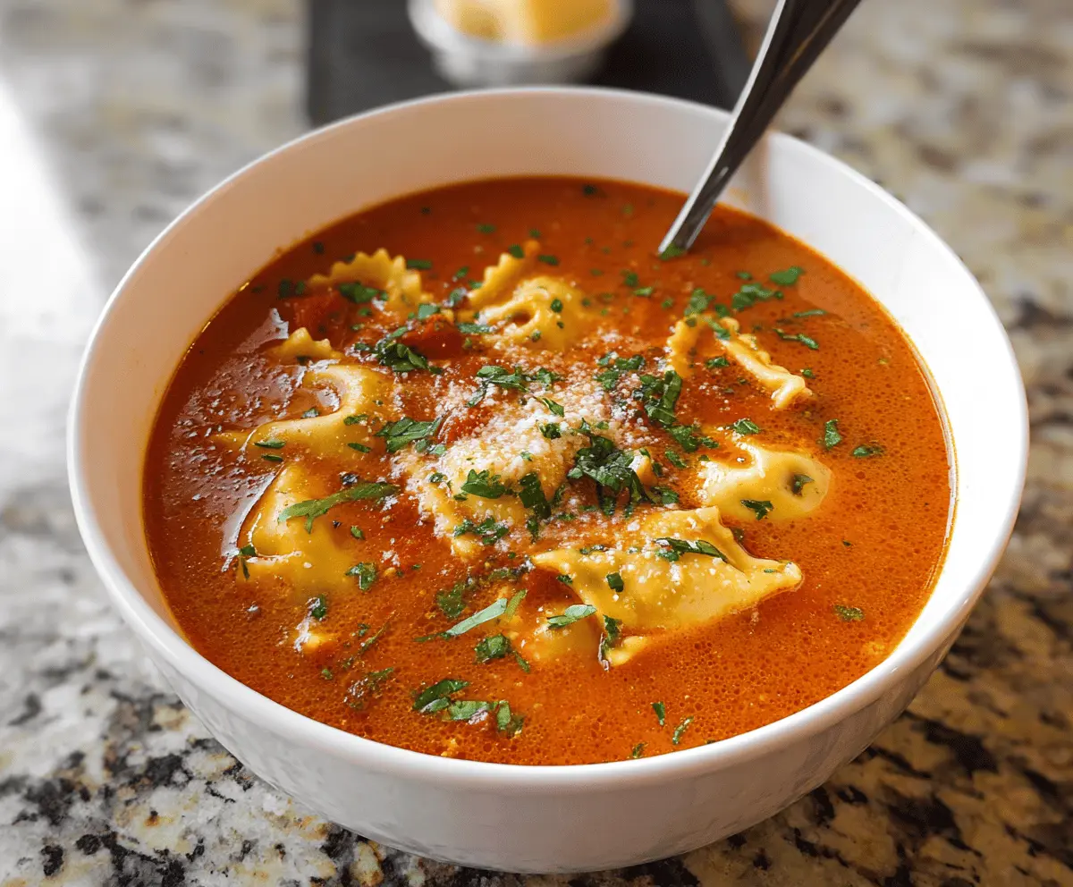 A bowl of warm ravioli soup garnished with fresh herbs, showcasing tender ravioli pasta in a flavorful broth, perfect for a comforting meal.
