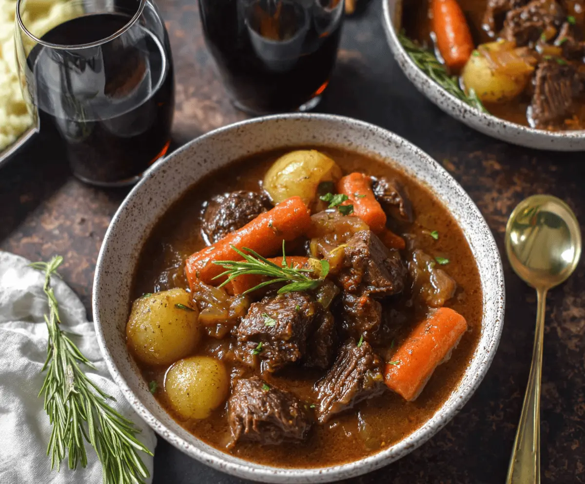 Hearty Red Wine Beef Stew with tender beef chunks, vegetables, and rich gravy served in a rustic bowl