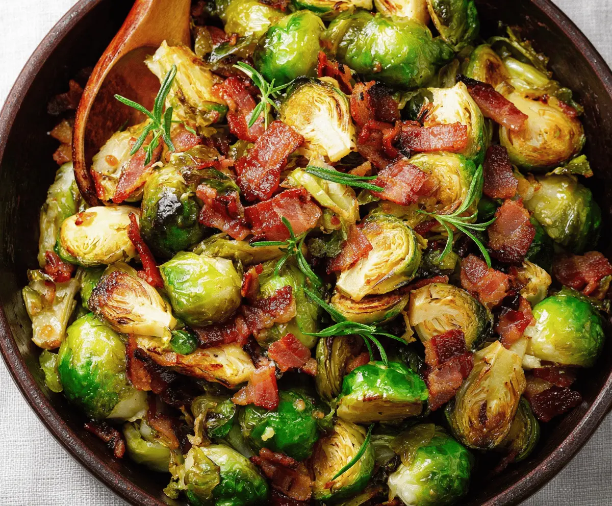 Delicious roasted Brussels sprouts with crispy bacon, perfect for a healthy side dish.