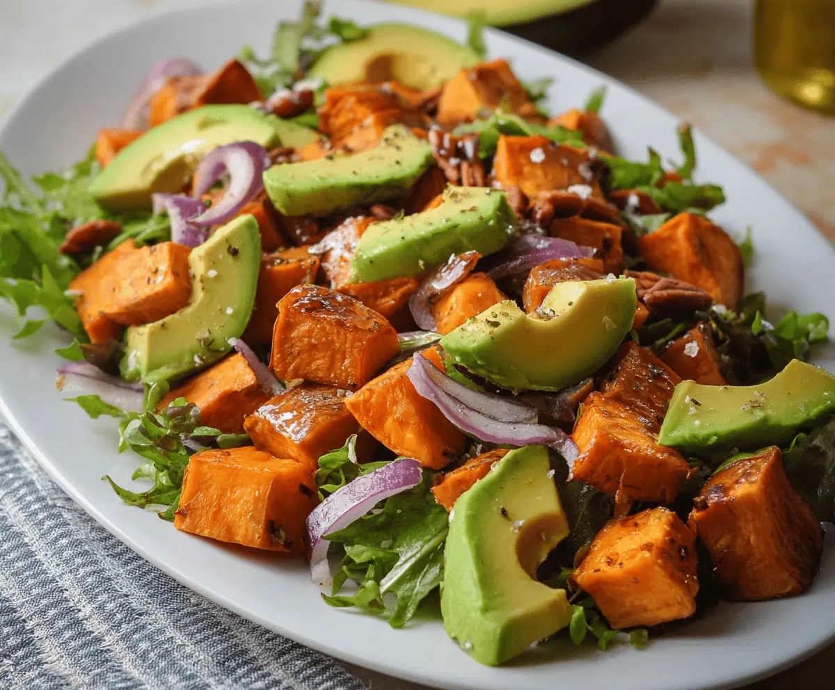 Colorful roasted sweet potato and creamy avocado salad served fresh on a white plate for healthy eating.