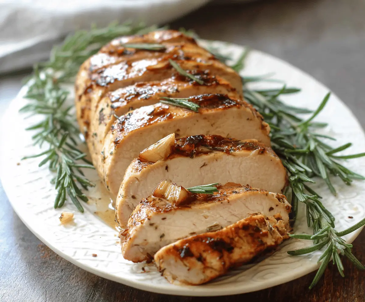 Juicy rosemary garlic turkey breast served on a plate with fresh herbs.