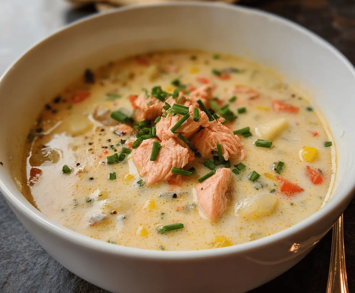 Creamy salmon chowder soup with fresh salmon, vegetables, and herbs served in a bowl, perfect for a comforting meal.