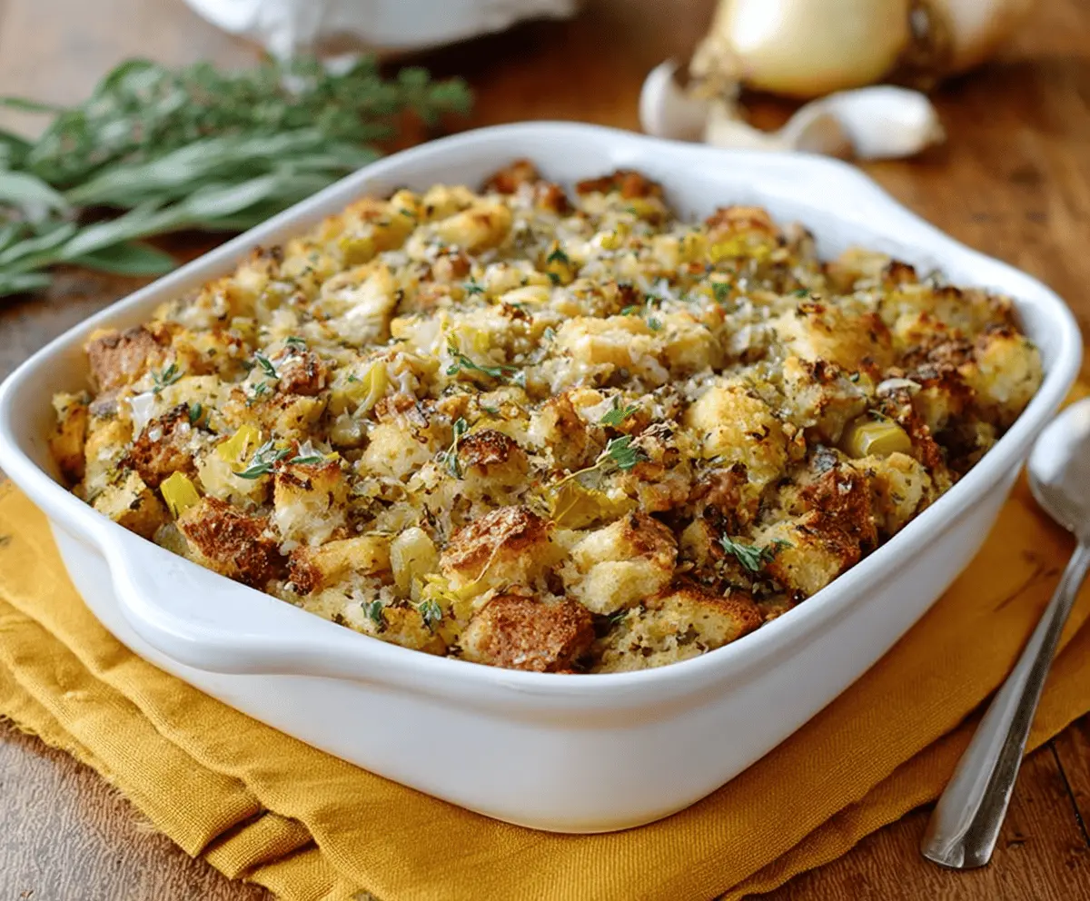 Golden Savory Herb Stuffing with fresh herbs in a serving dish for a delicious holiday side dish.