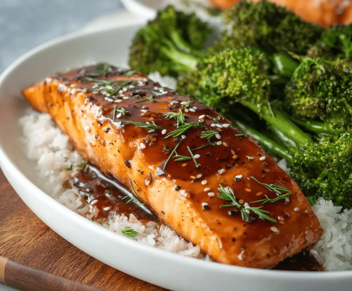 Delicious savory teriyaki salmon served on a white plate garnished with green herbs.
