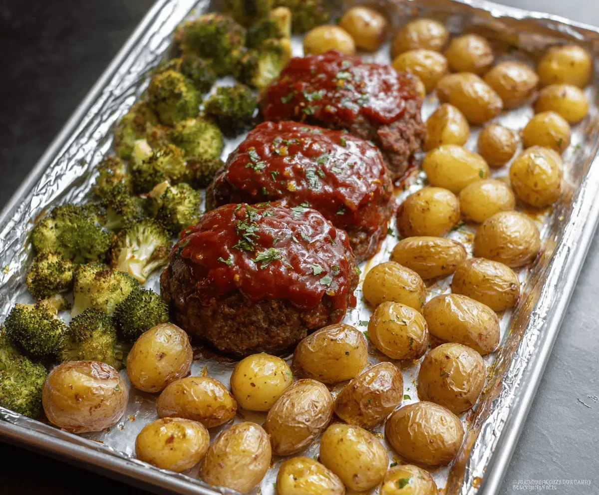 Delicious sheet pan meatloaf with roasted potatoes and vegetables served on a baking sheet, ready for dinner.