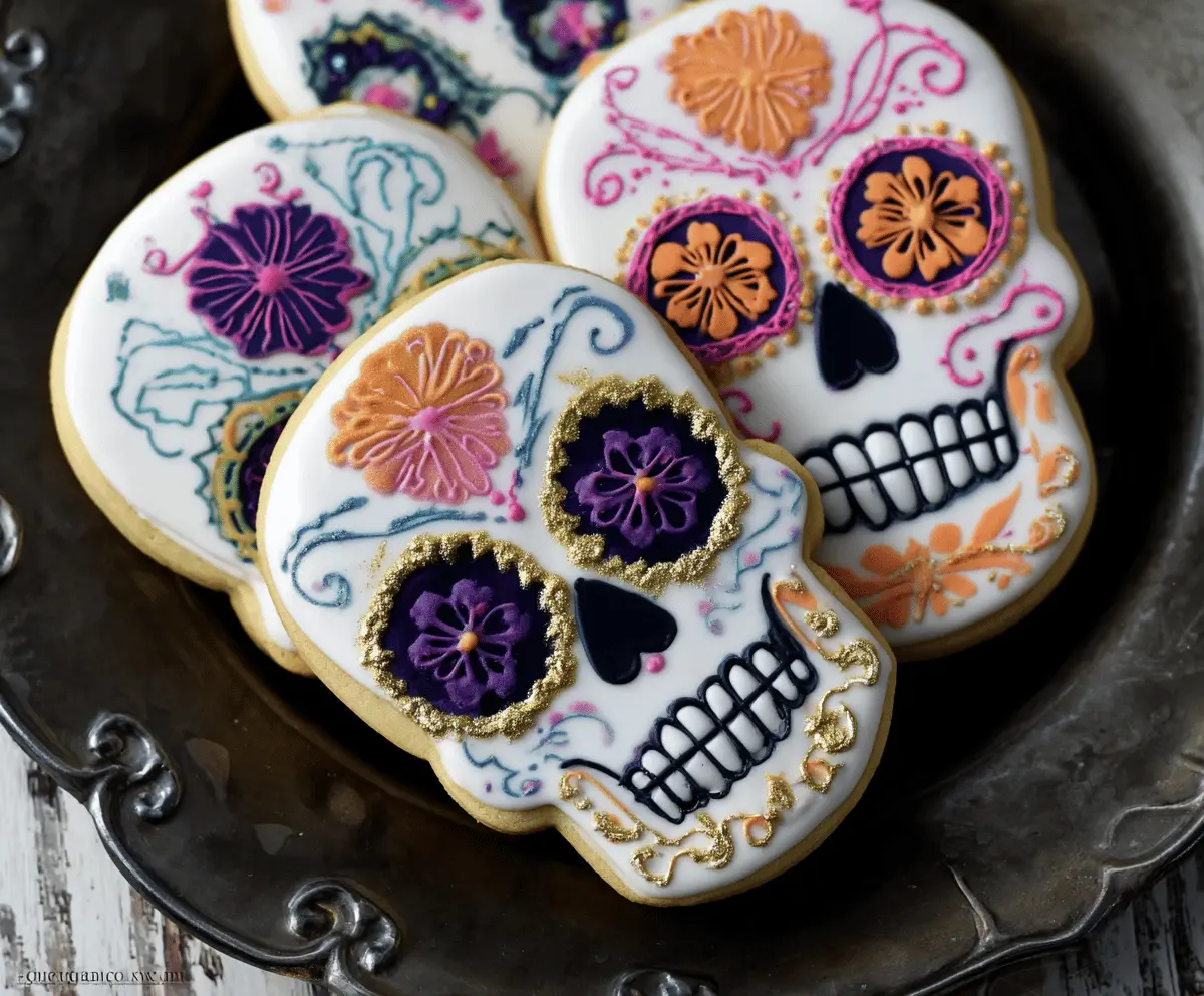 Decorative skull-shaped sugar cookies with colorful icing and intricate Halloween-themed designs, perfect for spooky celebrations.