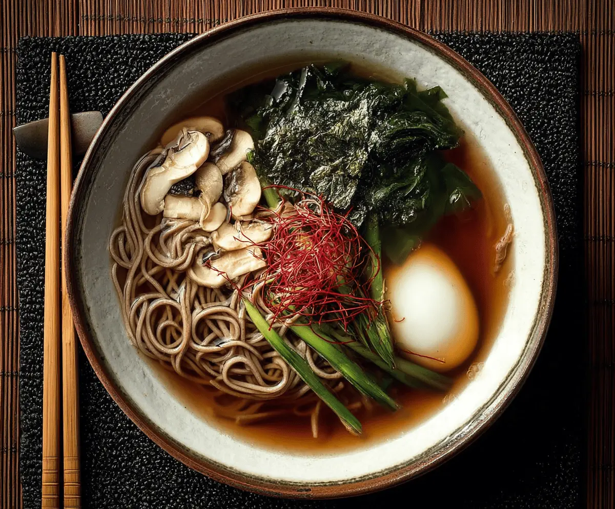 A steaming bowl of soba noodle soup topped with sliced green onions and seaweed, served in a white bowl with chopsticks on a wooden table.