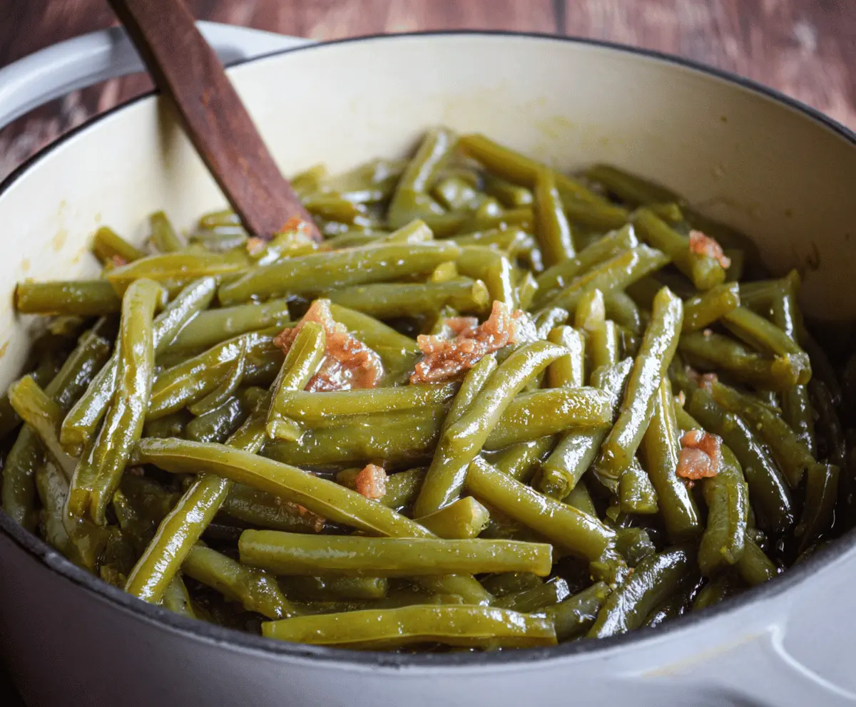 Delicious Southern Style Green Beans cooked with smoky bacon and seasoned spices