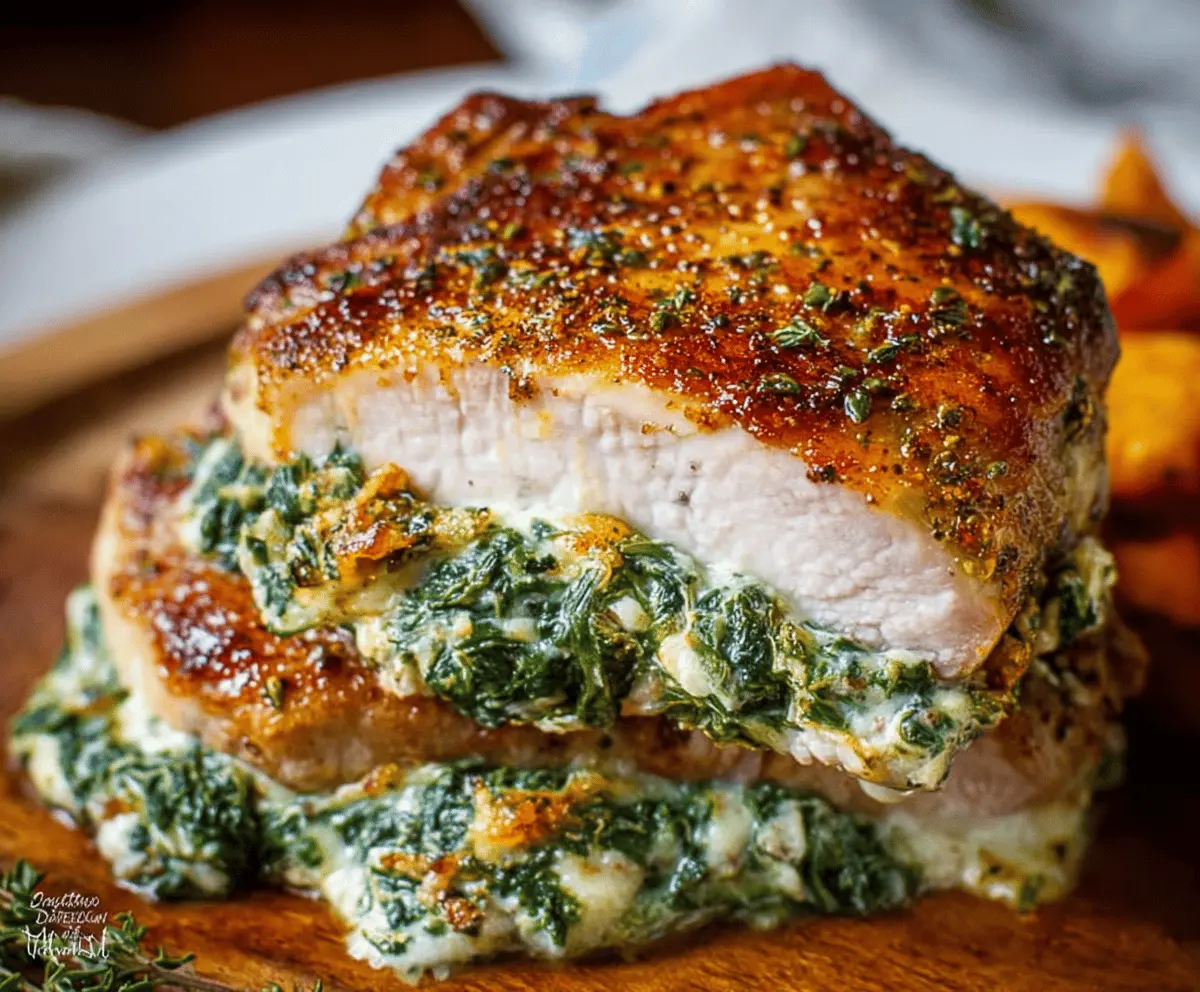 Juicy pork chops stuffed with fresh spinach and melted cheese, served on a plate for a delicious dinner