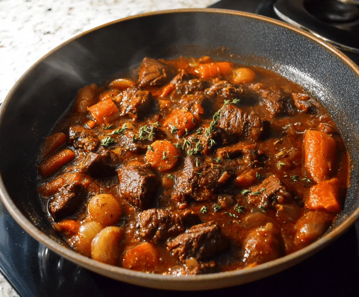 Hearty stovetop beef stew with tender beef chunks, vegetables, and savory broth served in a rustic bowl.