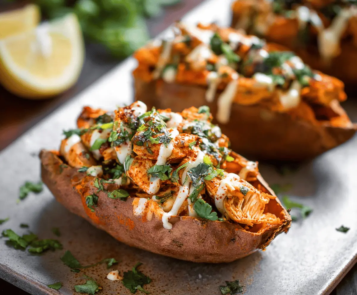 Healthy stuffed sweet potato topped with tender chicken, vegetables, and melted cheese, served as a nutritious and flavorful meal.