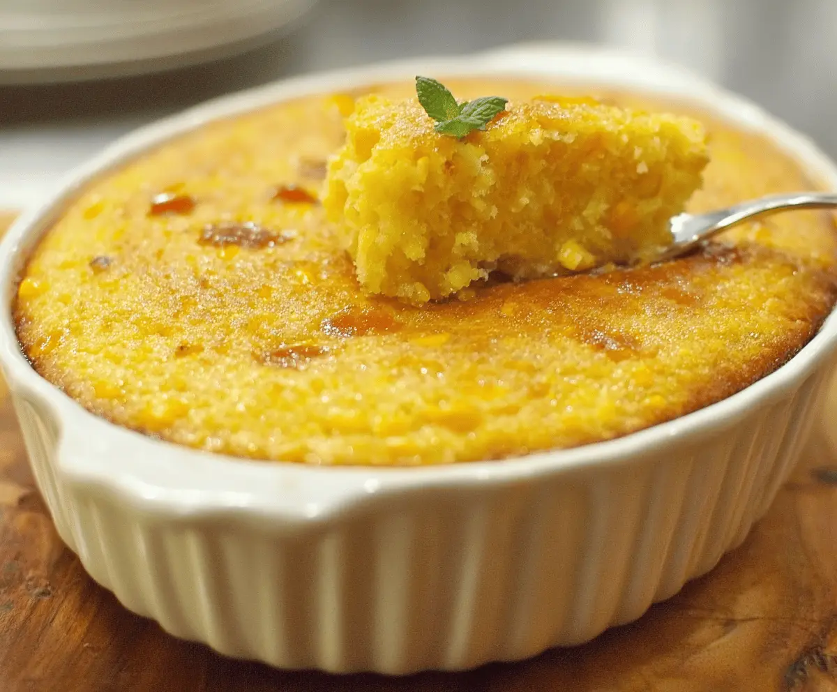 Creamy sweet corn pudding garnished with fresh herbs, served in a rustic bowl, perfect for summer desserts.
