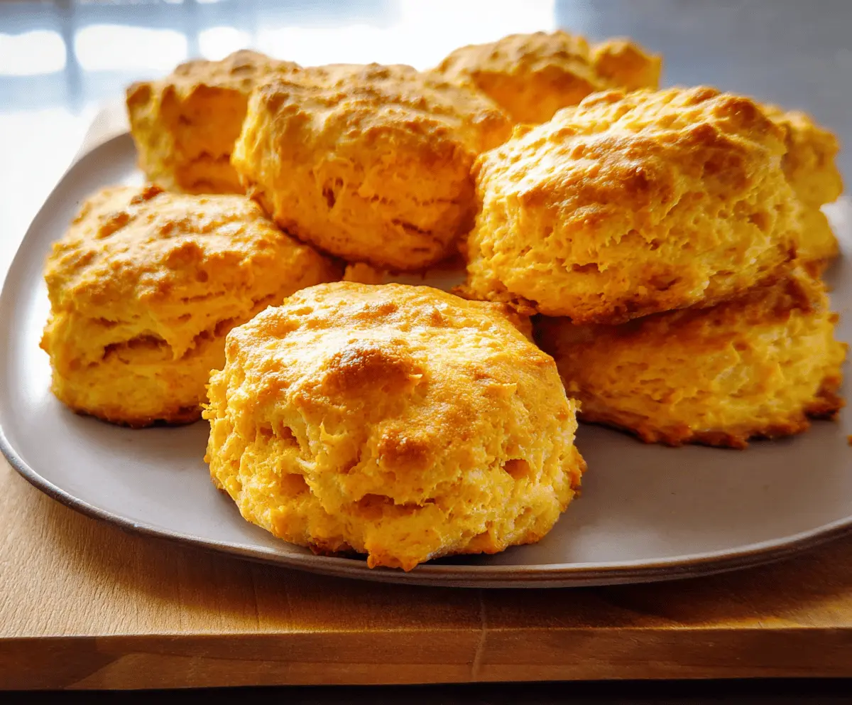 Golden-brown sweet potato biscuits stacked on a plate, showcasing their flaky texture and vibrant orange color, perfect for a comforting breakfast or snack.
