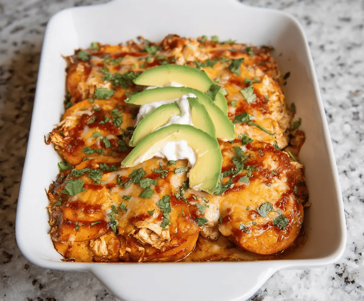 Delicious Sweet Potato Chicken Enchiladas topped with melted cheese and fresh herbs on a plate ready to serve