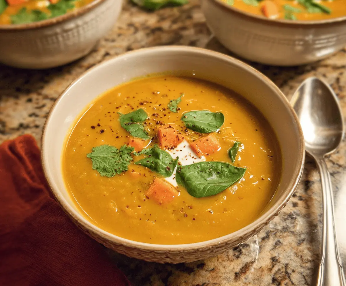 Creamy sweet potato curry soup garnished with fresh herbs and served in a bowl, perfect for a comforting and flavorful meal.