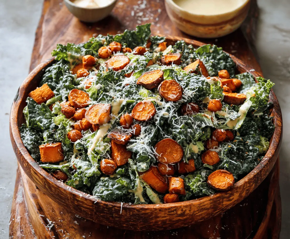Fresh Sweet Potato Kale Caesar Salad with crispy kale, roasted sweet potatoes, and creamy Caesar dressing on a white plate