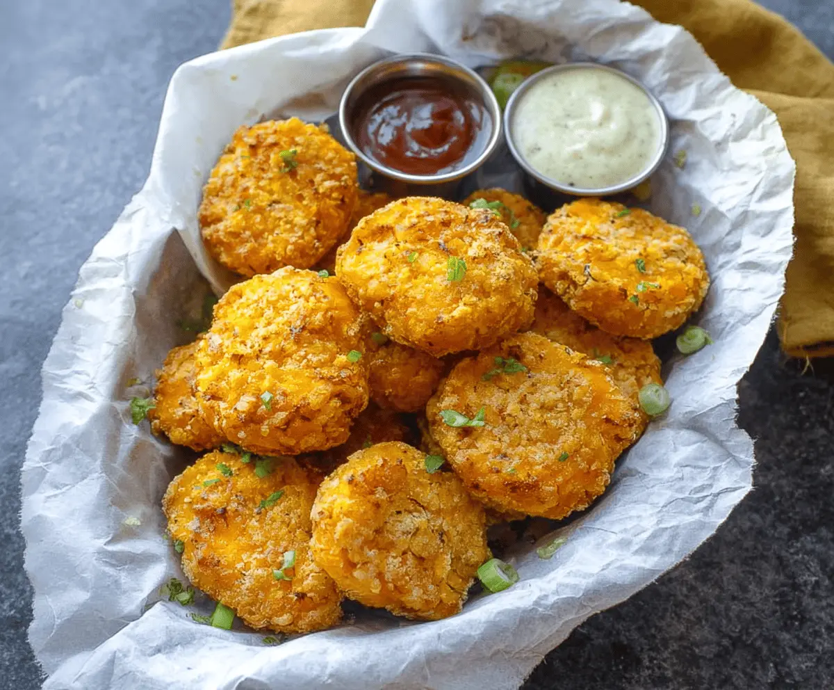 Crispy baked sweet potato nuggets served with a side of fresh dipping sauce, perfect for a healthy snack or appetizer