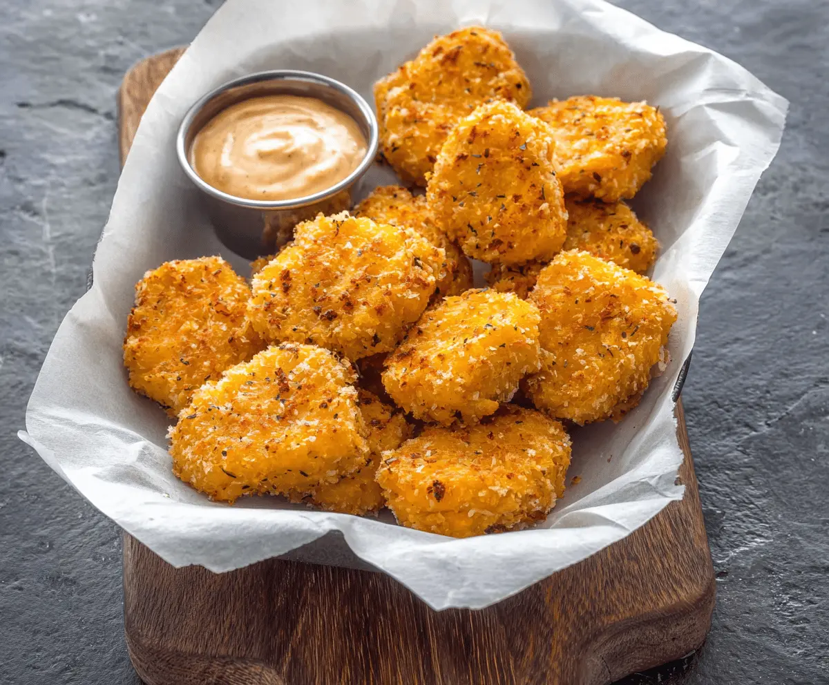 Crispy baked sweet potato nuggets served with a side of dipping sauce, healthy vegan snack option
