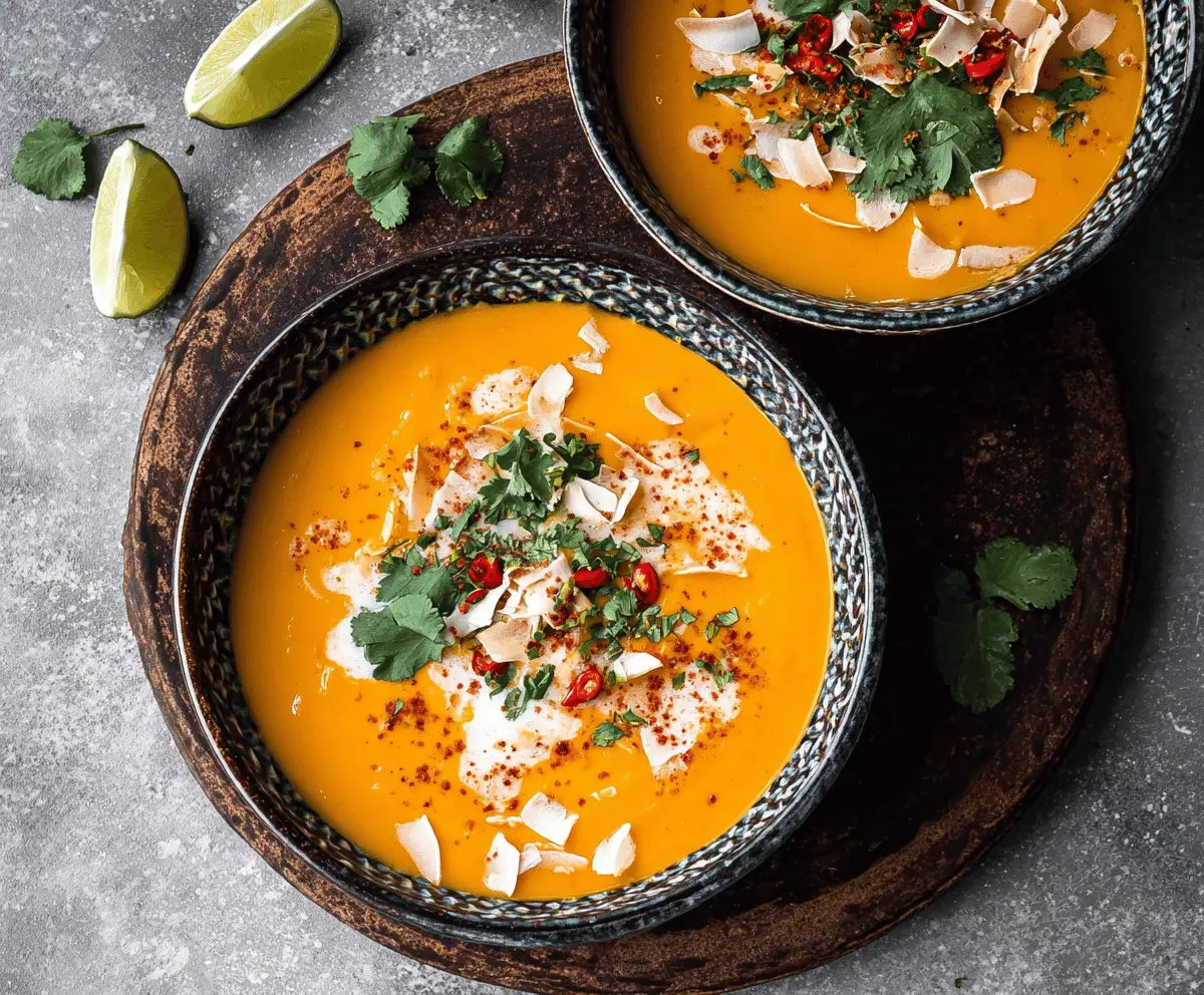 Creamy sweet potato soup made with coconut milk garnished with fresh herbs in a bowl