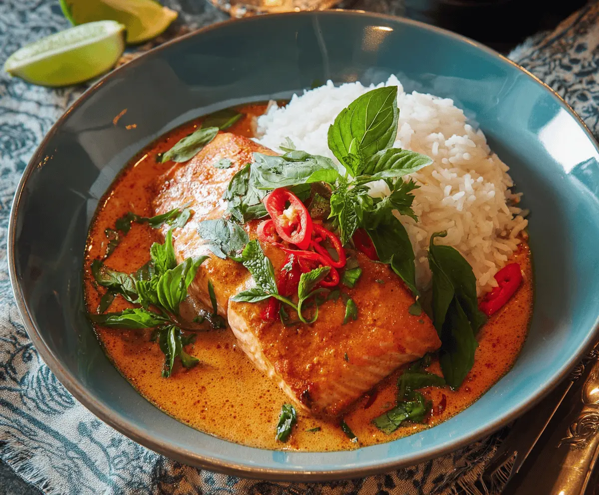 Creamy Thai Red Curry Salmon dish featuring tender salmon fillets cooked in vibrant red curry sauce with vegetables and fresh herbs