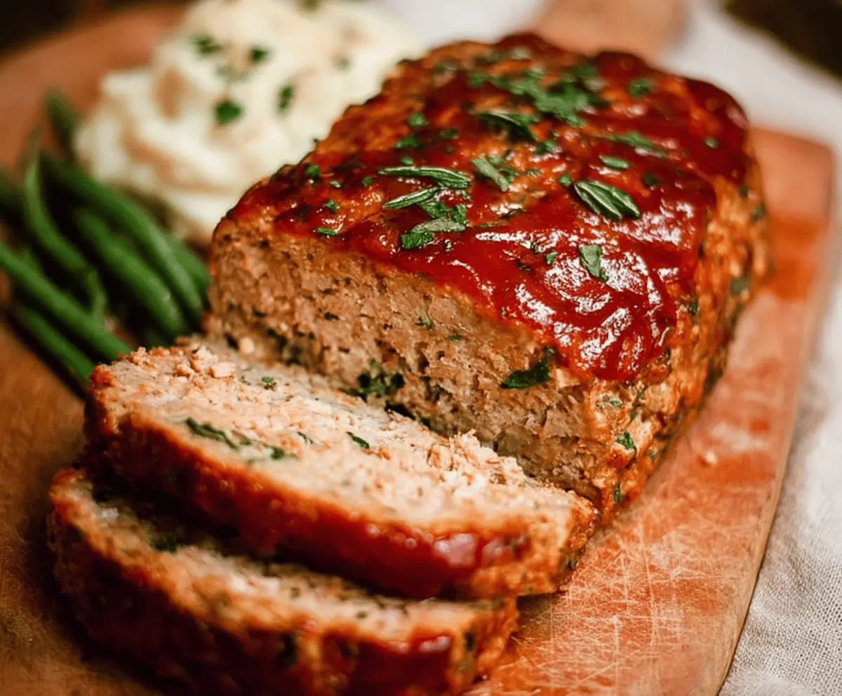 Delicious homemade turkey meatloaf served with fresh vegetables on a plate, ready to eat.