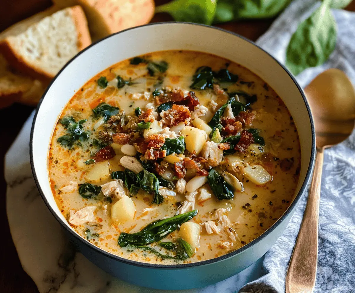 Hearty Tuscan Chicken Soup with tender chicken, colorful vegetables, fresh herbs, and creamy broth in a rustic bowl.