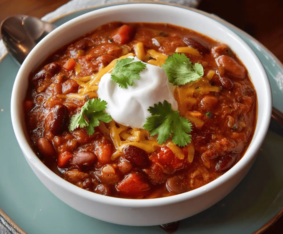 Colorful bowl of hearty vegetarian chili topped with fresh herbs and garnishes, featuring beans, vegetables, and spices for a nutritious and flavorful meal.