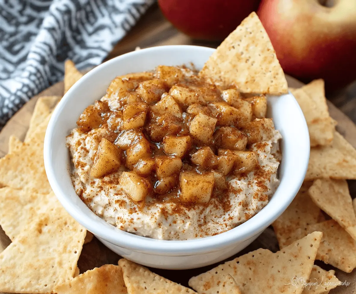 Delicious Apple Pie Dip served with crispy cinnamon tortilla chips for a sweet snack.