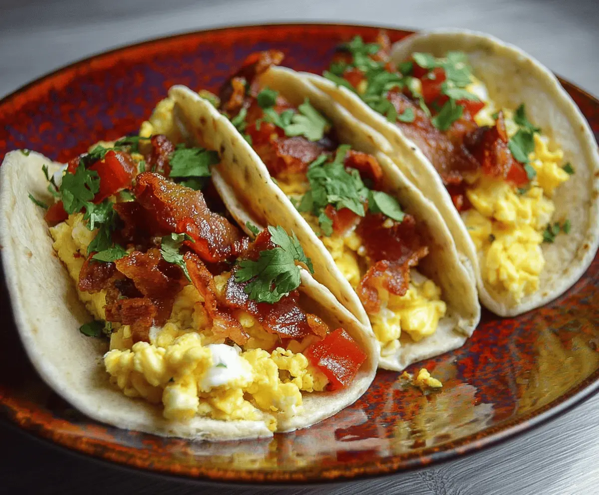 Savory bacon and scrambled eggs breakfast tacos in soft corn tortillas