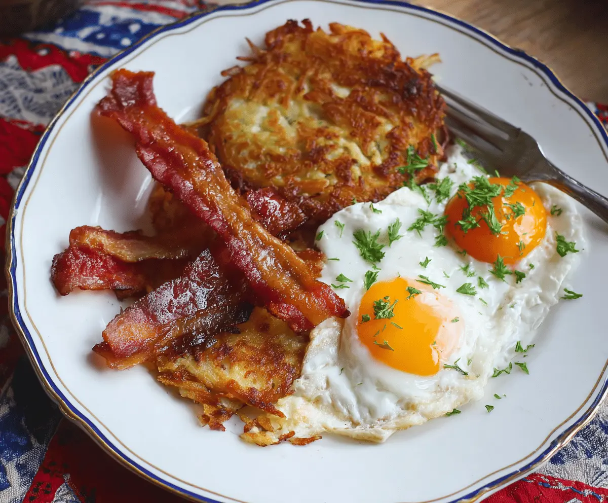 Delicious bacon hash browns topped with fried eggs on a breakfast plate.
