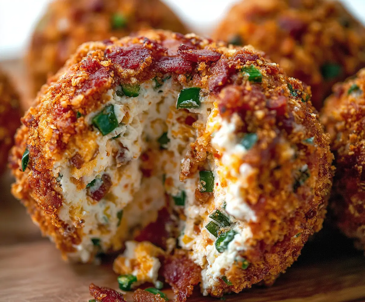 Delicious Bacon Jalapeño Popper Cheese Ball garnished with crispy bacon and fresh jalapeños, perfect for appetizer cravings.