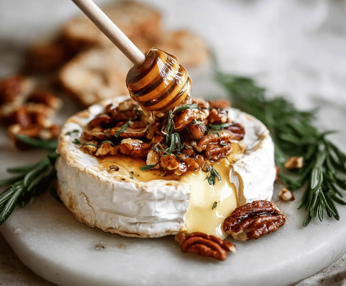 Delicious baked brie topped with honey and chopped nuts, served as a perfect appetizer.